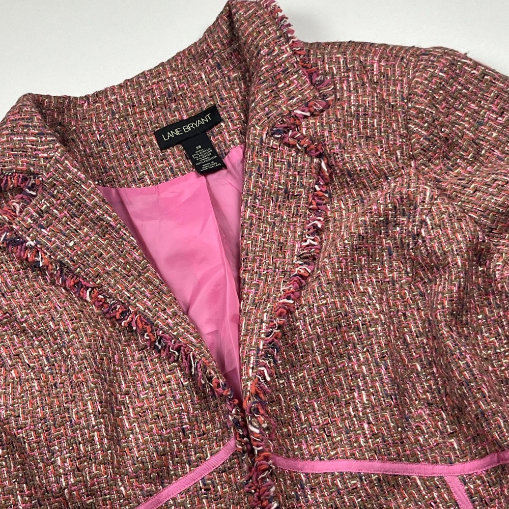 Lane Bryant Tweed Fringe Blazer Jacket Size 28 Pink Multi Raw Edge Trim Business